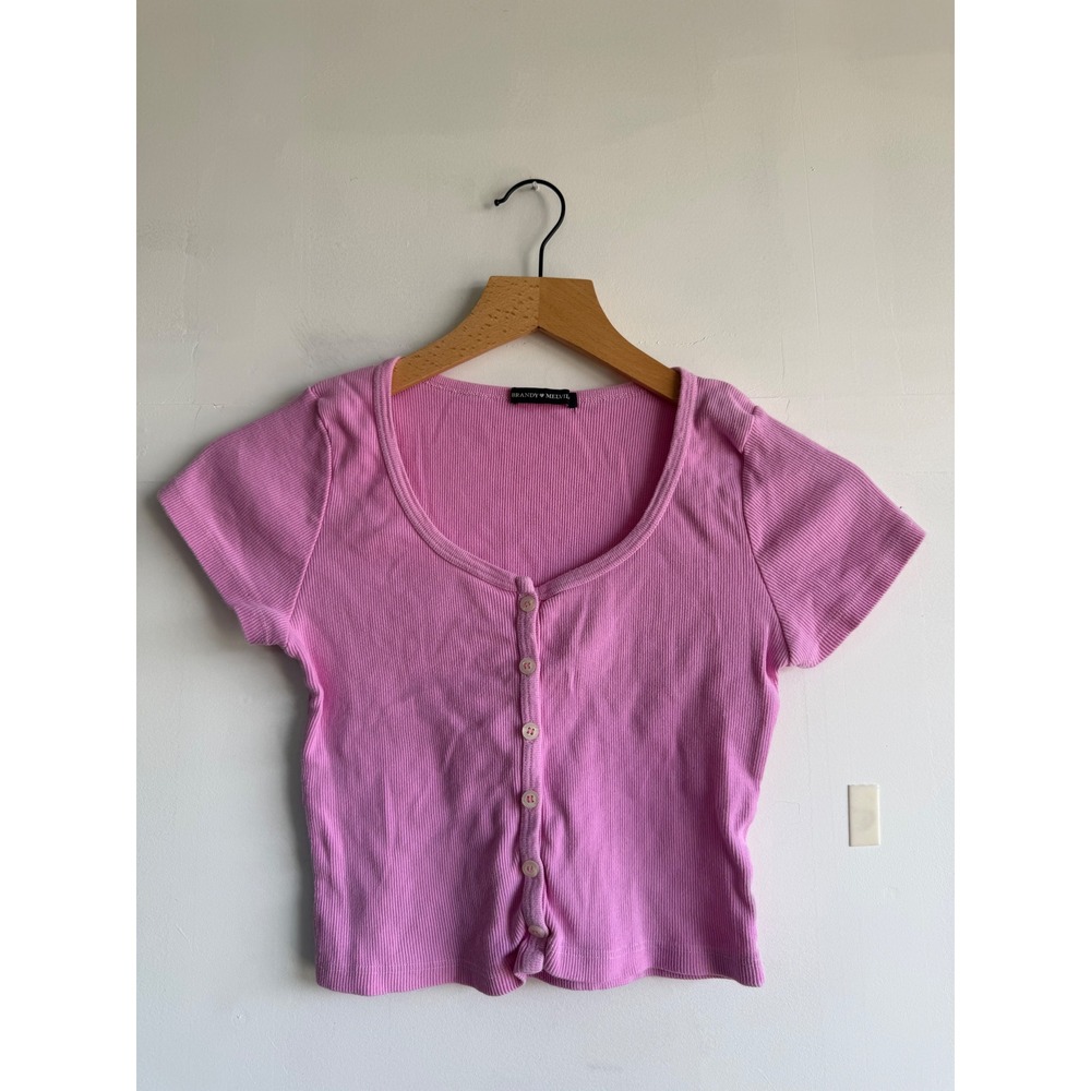 Brandy Melville Barbie pink Zelly Top Ribbed Button Down Short Sleeve  One Size